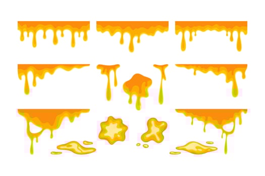 Melted syrup honey drip liquid set. Melting cheese drips element pack. Set of yellow syrup liquid, melted sauce flowing illustration. Spilled, drop, leak, splash, slime for food drink products vector