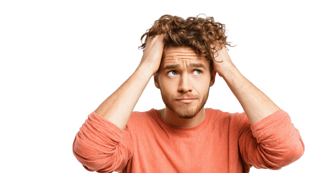 Confused young man holding head and looking up on transparent background png