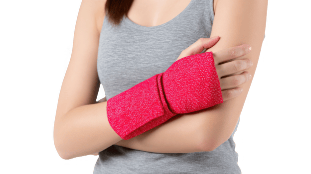 Woman wearing a red wrist brace on transparent background png