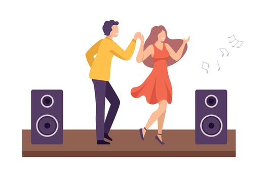 Young Man and Woman Dancing Together at Party, Outdoor Concert Flat Style Illustration vector
