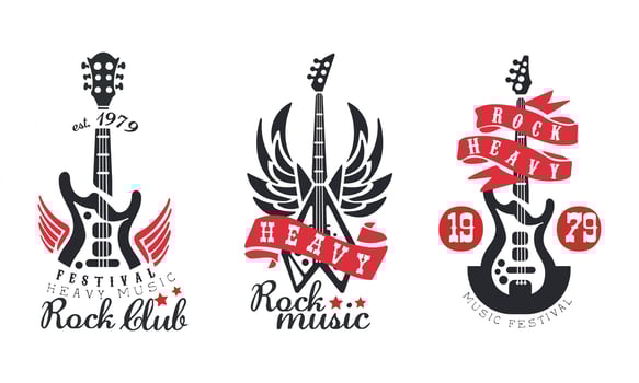 Rock Club Logo Templates Set, Heavy Rock Music Festival Retro Labels Illustration vector