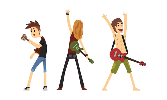 Rock Musicians, Funny Rockers Characters Playing Electric Guitars, Rock Band Performing on Festival Cartoon Style Illustration vector