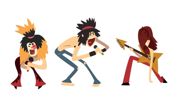 Rock Musicians, Rock Stars Characters Playing Electric Guitars and Singing, Rock Band Performing on Festival Cartoon Style Illustration vector
