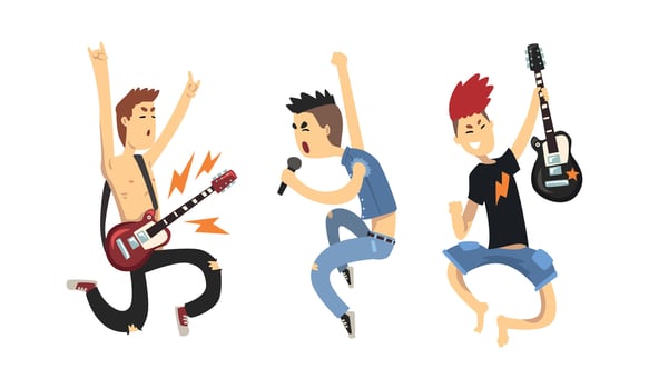 Rock Musicians Characters Playing Electric Guitars and Singing, Rock Band Performing on Rock Festival Cartoon Style Illustration vector