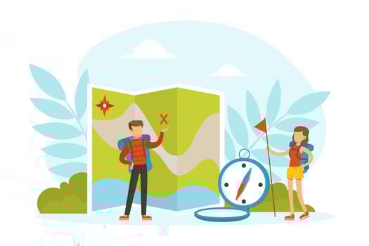Tiny Tourists Characters with Huge Travel Camping and Hiking Elements, Family Couple Going on Vacation Cartoon Illustration vector