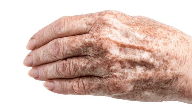 Senior woman hand showing age spots on transparent background png