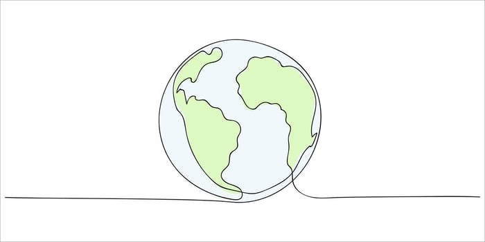 Earth depicted as one continuous line drawing. with green continents and blue oceans, showcasing minimalist lineart illustration. Doodle style. vector