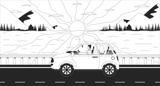 Roadtrip couple driving along scenic sunset lake highway lofi illustration outline. Evening car travel. Mountain lakeside road trip 2D ink linear lo fi drawing. line art aesthetic wallpaper vector