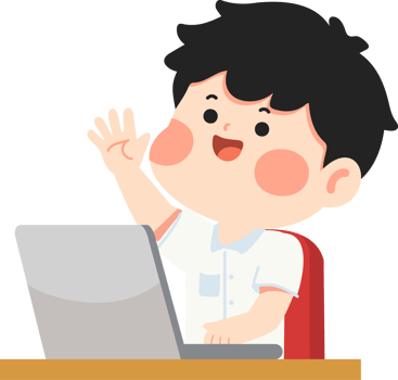 A boy is sitting at a desk with his hand up png