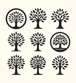 Nine Black Stylized Tree Icons Set Simple Nature Symbols Graphic Design Elements vector
