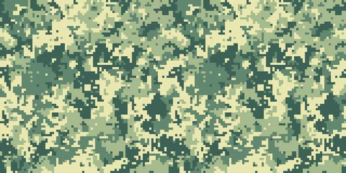 Abstract digital camouflage pattern. Seamless texture in muted greens and beige. Ideal for backgrounds, textile design, military or outdoor themes. Suggests concealment, strategy, and nature. vector