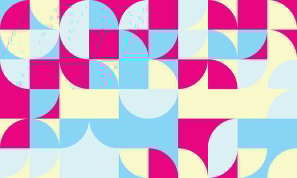 Vibrant geometric pattern featuring pastel blue, pale yellow, and fuchsia circles and squares. Ideal for modern backgrounds, website design, or textile prints. vector