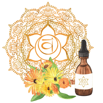 Watercolor glass vial with essential oil and calendula bouquet with yellow and orange flowers and green leaves. Golden orange sacral chakra Svadhisthana with mandala. Hand-drawn illustration png
