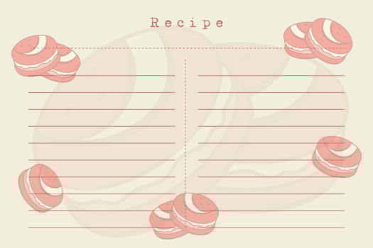 Horizontal blank recipe card template with macaroons cookies. Vintage old paper style, scrapbooking. vector