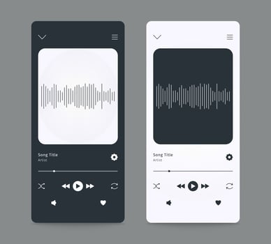 Music player interface template for mobile app in dark and light theme. Media playback song. Ui display with buttons for phone. vector