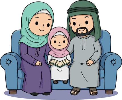 Muslim family sitting on sofa reading book together in traditional clothing illustration vector