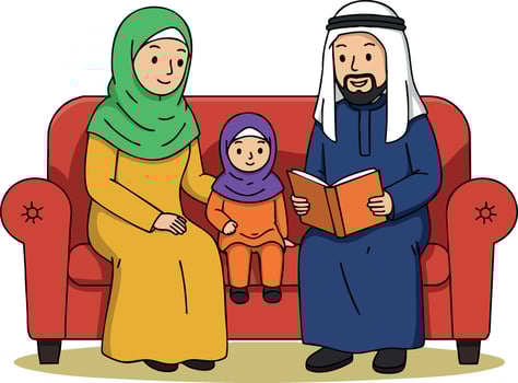 Muslim family sitting on red sofa reading book together illustration vector