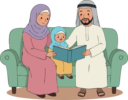 Middle Eastern Family Reading Book Together on Sofa with Child Wearing Hijab and Thobe vector