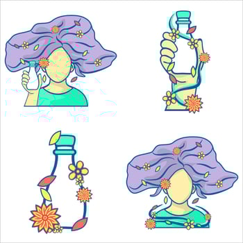 four icons of a woman with flowers and a bottle, Diversity in Beauty and Skincare, Natural Cosmetic Concept Icons vector