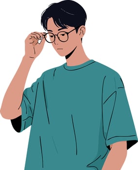 Young man adjusting glasses wearing teal shirt illustration portrait vector