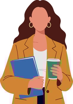 Businesswoman holding folder and coffee cup in brown jacket illustration vector