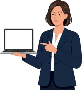 Businesswoman in navy blazer holding laptop pointing at screen illustration vector