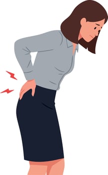 Woman experiencing back pain posture discomfort in office attire illustration vector