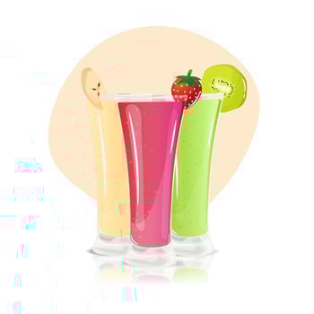 Three tall glasses filled with colorful smoothies are arranged in a row vector