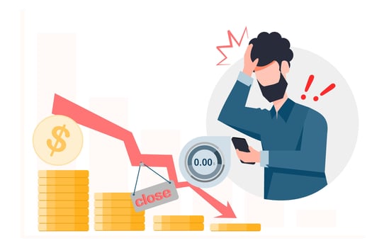 a young businessman looks down at his smartphone with a shocked expression as he sees a notification showing a zero bank balance, indicating the impact of a business downturn. vector