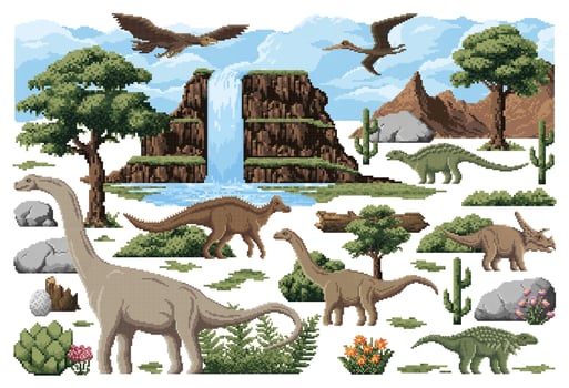 Dinosaurs in a scenic landscape illustration vector