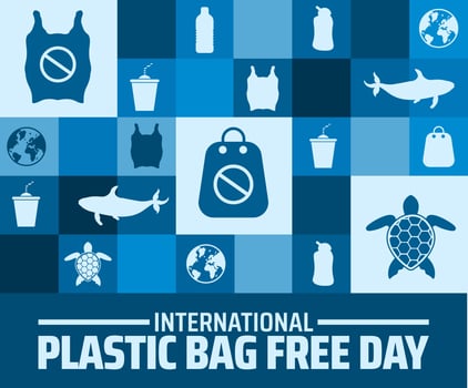 International Plastic Bag Free Day background or banner design. Blue Tiled Background with Icons of Earth, Marine Life, and Plastic Items for Environmental Awareness vector