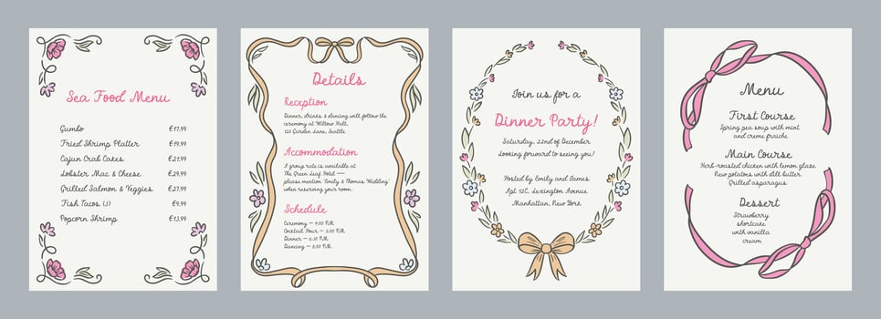 Set spring whimsical hand-drawn pink blue orange green color frames with flowers and bows in trendy, vintage styles. Perfect for quirky holiday, wedding, birthday gift decorations vector