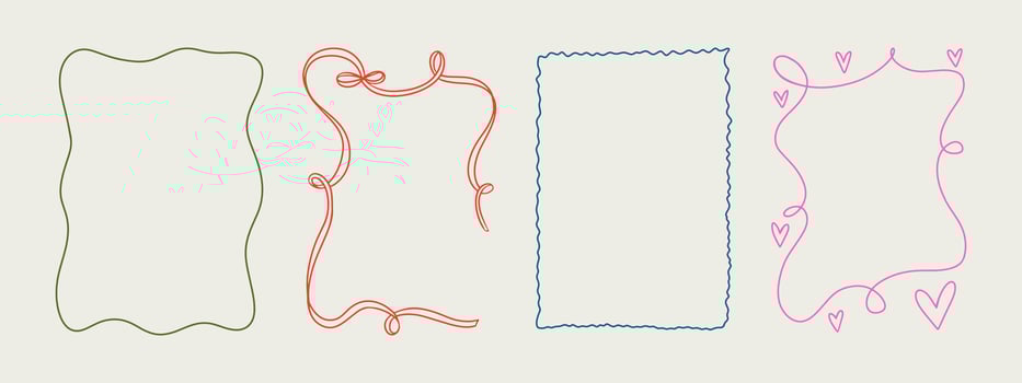 Set of whimsical hand-drawn pink blue orange green color frames with wavy squiggle curly ribbons in trendy, vintage styles. Perfect for quirky holiday, wedding, birthday gift decorations vector