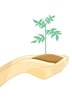 Hand holding a handful of soil with plants growing and text I love earth Design Illustration Editable vector