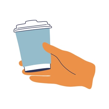 Hand holding disposable coffee cup. Minimalist print for coffee to go concept. Hand drawn flat design illustration. vector