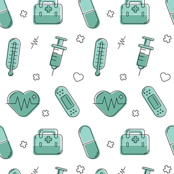 Seamless pattern of medical symbols, green images of first-aid kits, tablets, syringes, thermometers, patches, ECG hearts, small hearts and crosses. vector
