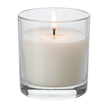 Lit White Votive Candle in a Glass Holder with a Glowing Flame. Cut Out, Clipping Path on Transparent Background. png