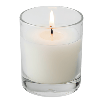 Minimalist Home Decor, A Simple White Candle Glowing Warmly in a Glass Jar. Cut Out, Clipping Path on Transparent Background. png