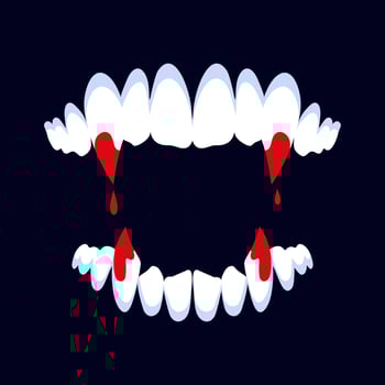 Vampire jaws with bloody fangs on dark background. Teeth with long fangs and flowing blood vector