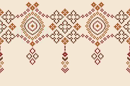 Pixel cross stitch ethnic pattern brown cream color wallpaper background. vector