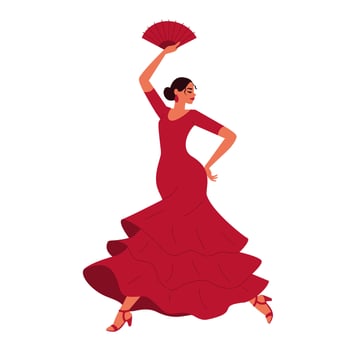 Woman in red dress dancing flamenco. hair in a bun, fan, graceful movements. Modern illustration vector