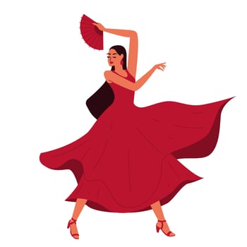 Woman in red dress with fan dancing flamenco. hair long loose, graceful movements. Modern illustration vector