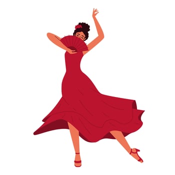 woman dancing flamenco. Red dress, hair in a bun, fan, graceful movements. Modern illustration vector