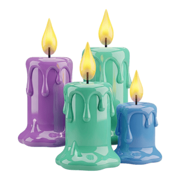 Glossy 3d illustration of colorful melting candles with flames for celebration png