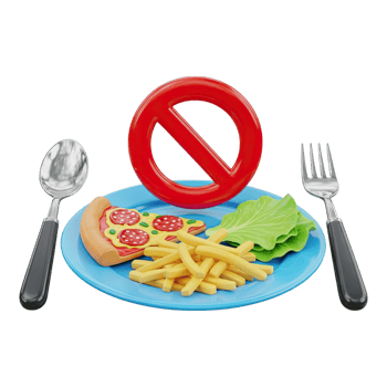 Red prohibition sign above a plate of pizza and fries, symbolizing diet restriction png