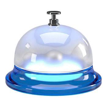 Sleek modern reception bell with translucent frosted glass and iridescent blue glow png