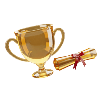 Golden trophy cup and rolled diploma with red ribbon, achievement and success concept png