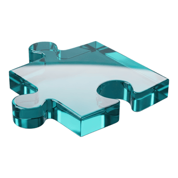 Glossy 3d translucent teal puzzle piece, single element, solution concept png