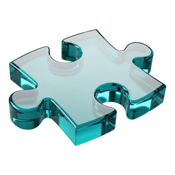 Single glossy translucent teal puzzle piece, a clear glass like 3d visual png