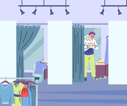 Cartoon Color Character Man and Fashion Fitting Room Concept. vector